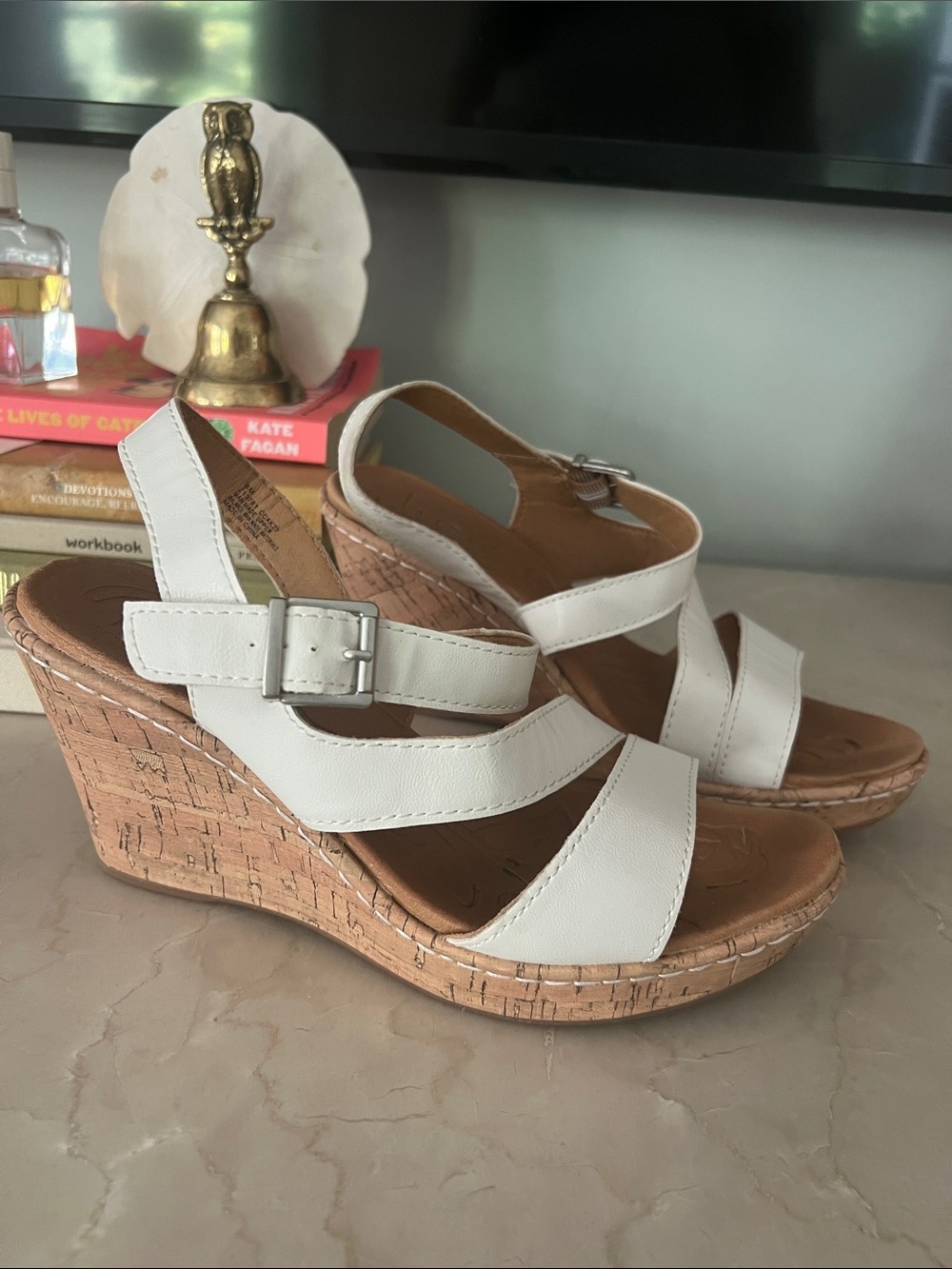 boc White Cork Wedge Sandals with Buckle Strap